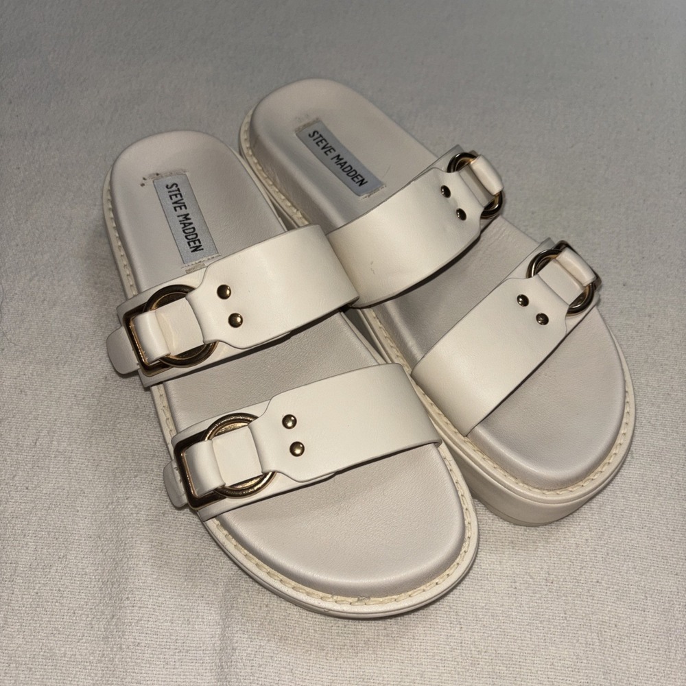 Steve Madden Brooklin Double Strap Platform Slide Sandals Cream Gold Buckles 8.5